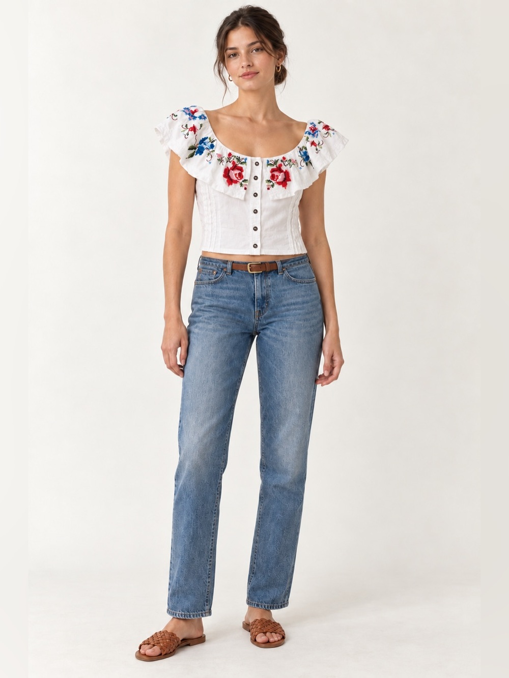 Anthropologie Pilcro Floral Embroidered Ruffle Collar Crop Top XS